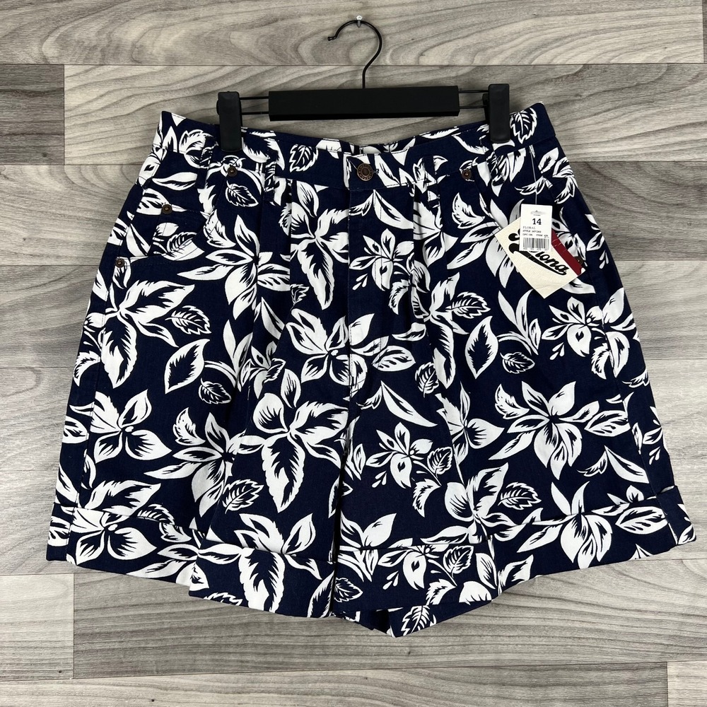 Vintage Merona High Rise Shorts Womens 14 Blue White Floral‎ Cotton Pockets New